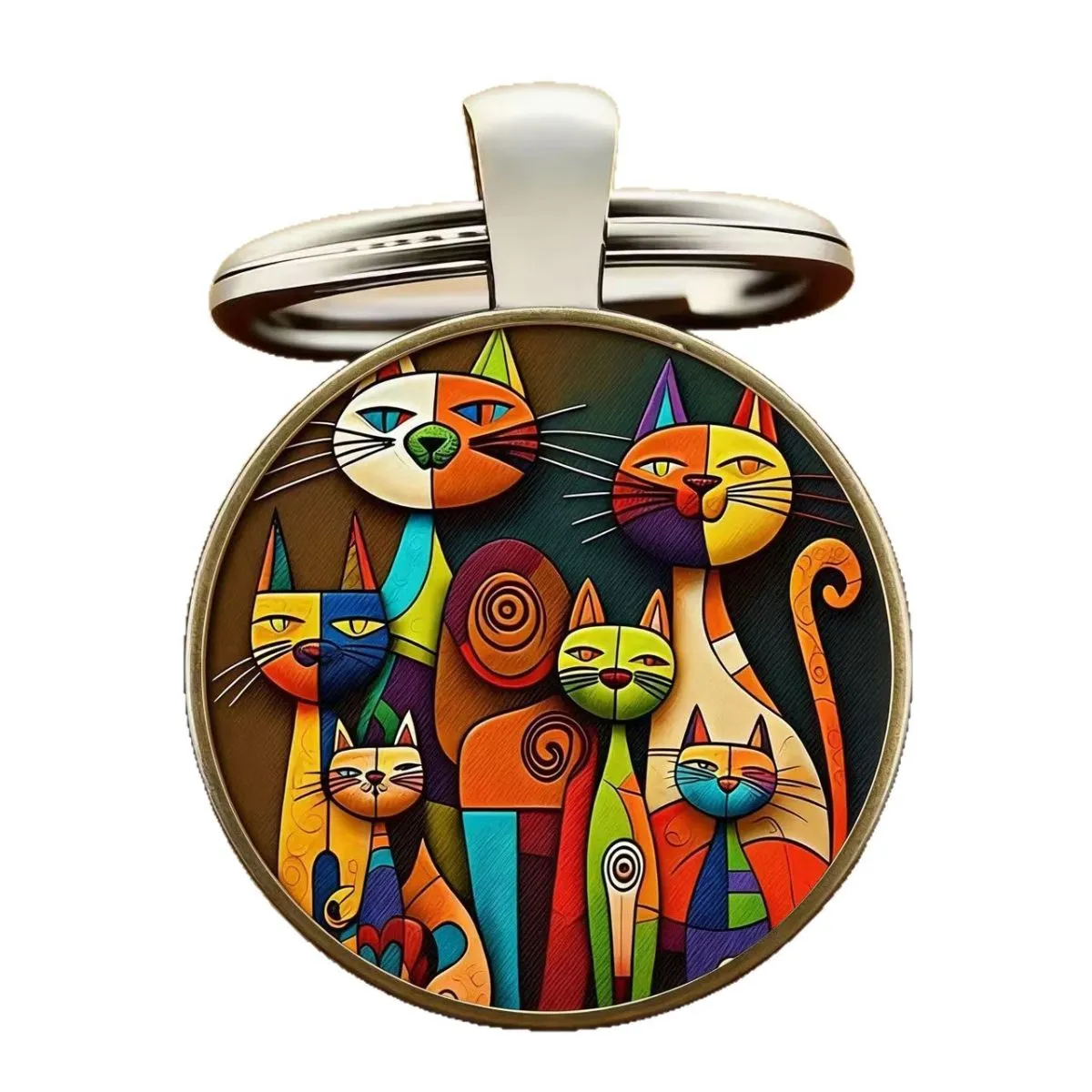 Colorful Abstract Cat Keychain – Round Glass Cabochon with Zinc Alloy Keyring, Trendy Fashion Accessory for Keys, Bags & Backpacks